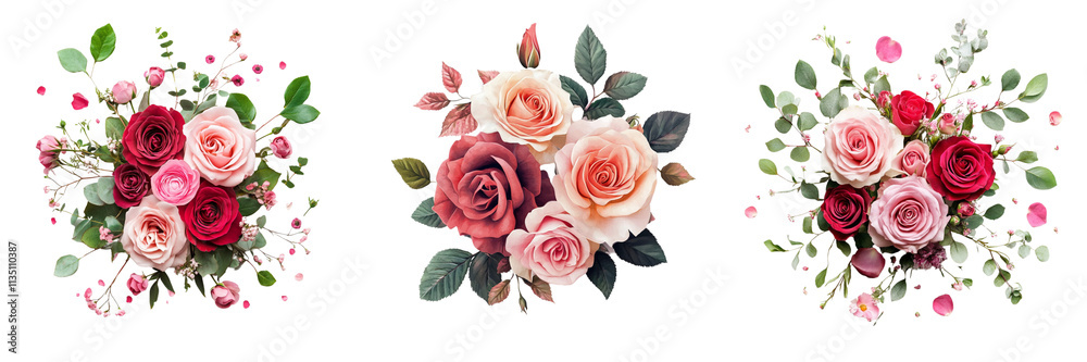 Fototapeta premium Set of A close-up of a blooming pink rose covered in morning dew on transparent png background on transparent png background 