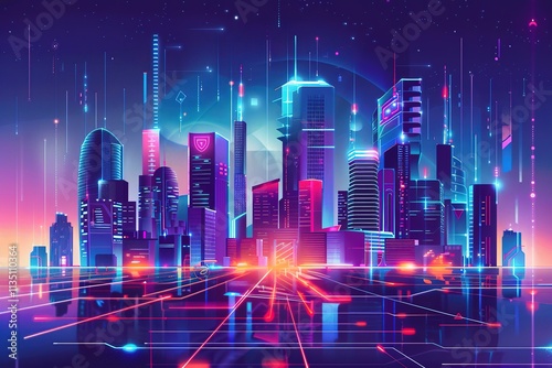 Cityscape with neon lights and a futuristic feel