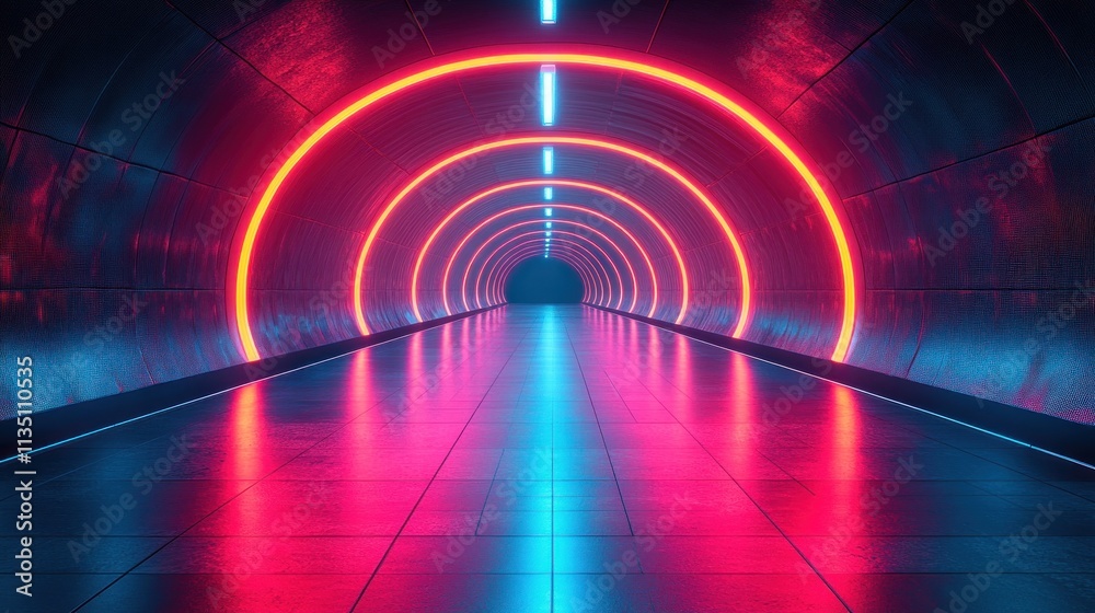 A vibrant, neon-lit tunnel with reflective surfaces creating a futuristic atmosphere. A vibrant, neon-lit tunnel with reflective surfaces creating a futuristic atmosphere.