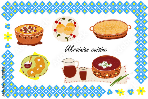 Ukrainian national cuisine, traditional dishes of vegetables and meat. Borscht with sour cream, onions and garlic, deruns, banosh, gombovitsi, uzvar, finches

