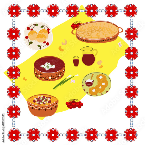 Ukrainian national cuisine, traditional dishes of vegetables and meat. Borscht with sour cream, onions and garlic, deruns, banosh, gombovitsi, uzvar, finches

