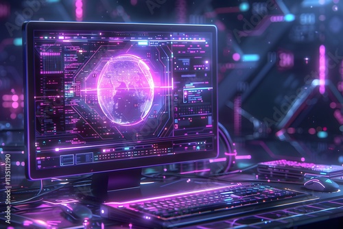 Futuristic Computer Interface with a Glowing Globe and Neon Aesthetics