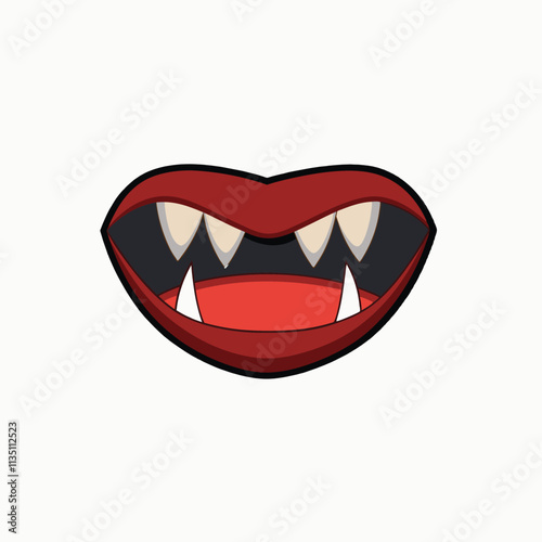 Vampire mouth with fangs. Open female red lips with vampire teeth isolated on white background