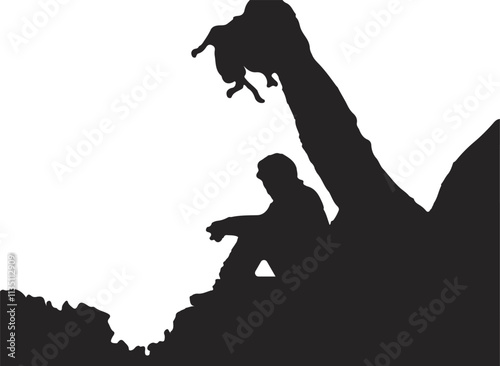 Silhouette man sitting on rock against sky