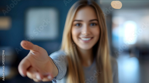 Hand of a dark blond middle european smiling female emplyee in her late thirties reaching out to make a handshake welcoming or greeting someone with an open palm an