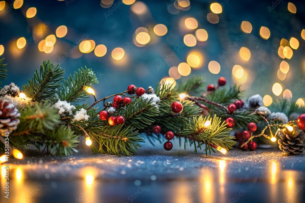 A dark blue background with Christmas garland bokeh lights for holiday illumination and decoratio A dark blue background with Christmas garland bokeh lights for holiday illumination and decoratio