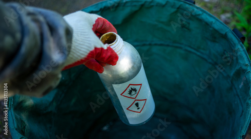 The container with pesticide and chemical waste must be disposed of in accordance with the established rules. Disposal of toxic waste. photo
