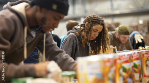 Multiracial Group of Volunteers Packing Groceries for Charity