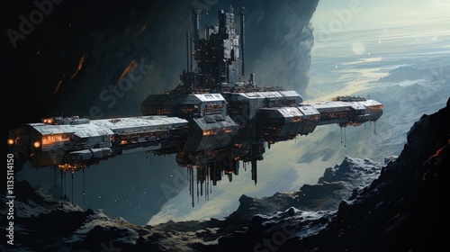 A futuristic spaceship is depicted hovering in a remote space setting, surrounded by dark rocky terrain. The spacecraft features intricate details, including antennae, lighting, and industrial compone