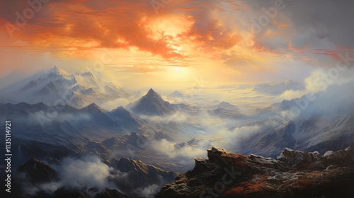 A breathtaking panoramic view of a majestic mountain landscape at sunrise. The scene is filled with dramatic peaks cloaked in mist, bathed in warm hues of orange, yellow, and soft blues as the sun ris