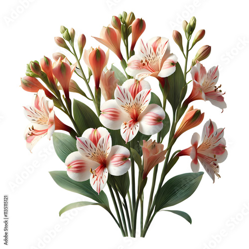 A bouquet of Alstroemeria flowers, commonly known as Peruvian Lily or Lily of the Incas.
The bouquet is arranged in a circular shape with the flowers facing outwards.