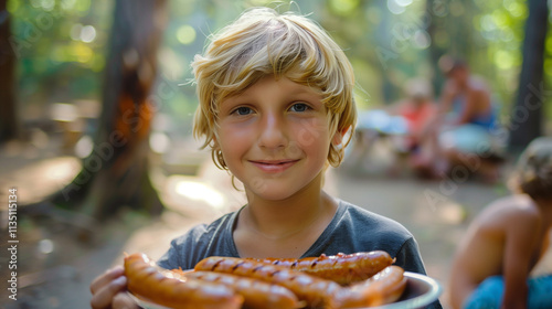 Portrait of a Blond Boy Enjoying Sausages at Summer Camp