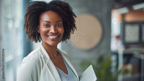 Portrait of a Happy Businesswoman Holding a Touchpad in the Office