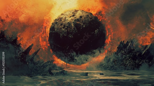 Wallpaper Mural A dramatic scene of an apocalyptic burning planet surrounded by fiery destruction. The intense atmosphere and dark, cinematic tones evoke themes of chaos, disaster, and sci-fi storytelling, ideal for Torontodigital.ca