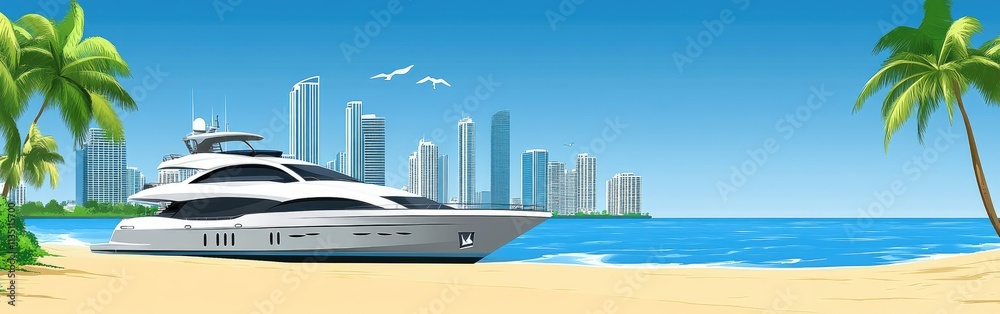 A luxurious yacht anchored by a beach with a city skyline in the background. A luxurious yacht anchored by a beach with a city skyline in the background.