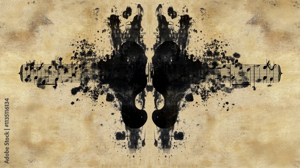 A creative composition of black ink splatters and music notes set against a textured vintage background. Ideal for art projects, music-related themes, or artistic prints.. AI Generation A creative composition of black ink splatters and music notes set against a textured vintage background. Ideal for art projects, music-related themes, or artistic prints.. AI Generation