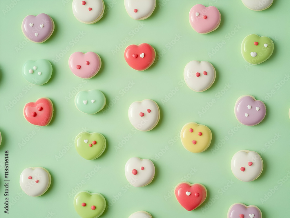 Colorful heart-shaped cookies arranged on a mint green background. Colorful heart-shaped cookies arranged on a mint green background.