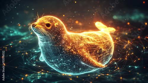 A glowing seal icon surrounded by marine habitat data, representing online ocean conservation platforms, smart tracking tools, and ecological research initiatives.   photo