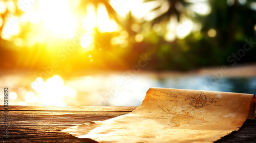 Ancient vintage map unveiled on dusty beach at sunset capturing the mystique of time and nature photo