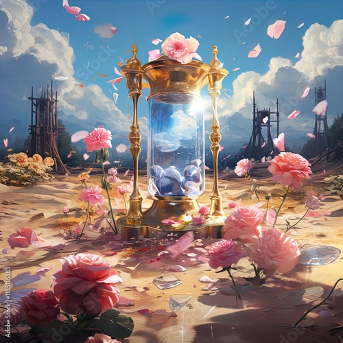 An enchanting hourglass adorned with golden accents sits amidst a vibrant landscape filled with blooming flowers. The scene captures a whimsical essence with soft petals fluttering in the breeze, whil