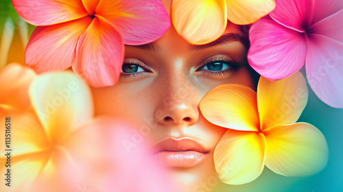 Woman's face framed by vibrant plumeria flowers in soft light