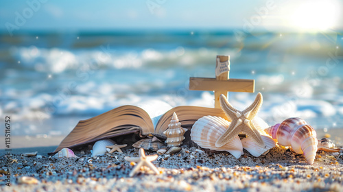 Aesthetic Beach Scene with a Starfish Fossil, Book, and Chris Cross with Gentle Water Waves