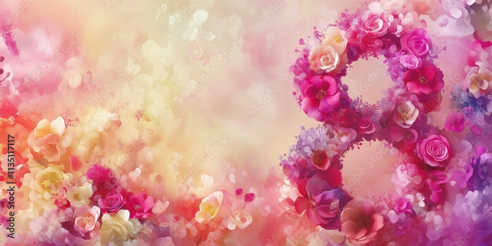 Fototapeta premium Floral number 8 composed of vibrant pink and yellow flowers in a dreamy setting, celebrating International Women's Day