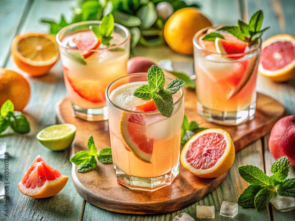 Refreshing Grapefruit Lemonade Cocktail in a Chic Fashion Setting with Stylish Glassware and Vibrant Garnishes Captured in Bright Natural Light Refreshing Grapefruit Lemonade Cocktail in a Chic Fashion Setting with Stylish Glassware and Vibrant Garnishes Captured in Bright Natural Light