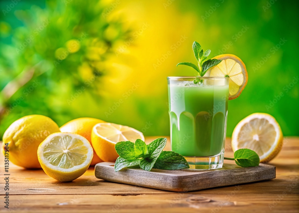 Fototapeta premium Refreshing Green Lemon Juice Banner Template for Social Media Promotion with Left-Aligned Subject and Ample Copy Space for Engaging Text and Imagery
