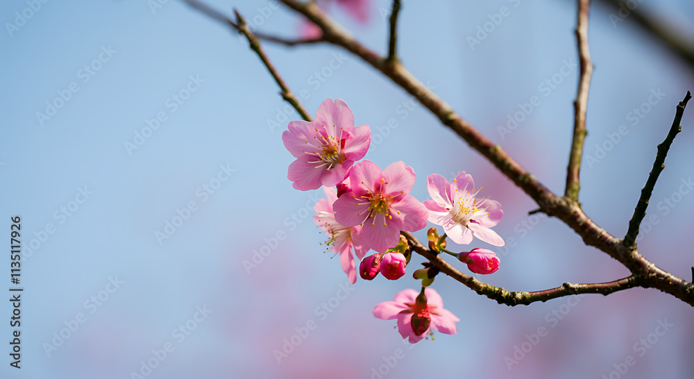 A close-up of pink cherry blossoms on branches against a light blue sky. A close-up of pink cherry blossoms on branches against a light blue sky.