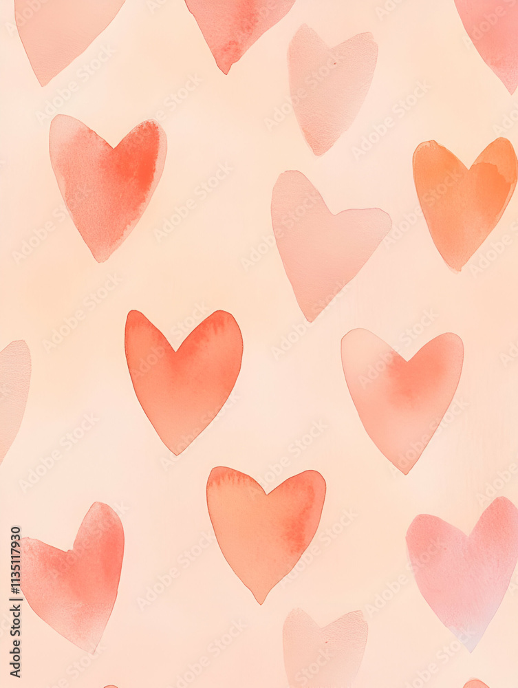 A soft watercolor pattern featuring hearts in various shades of pink and orange. A soft watercolor pattern featuring hearts in various shades of pink and orange.