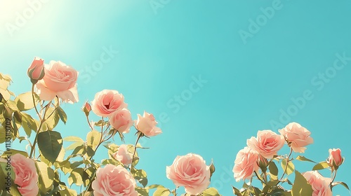 Low angle view of light pink roses blooming against a bright blue sky.