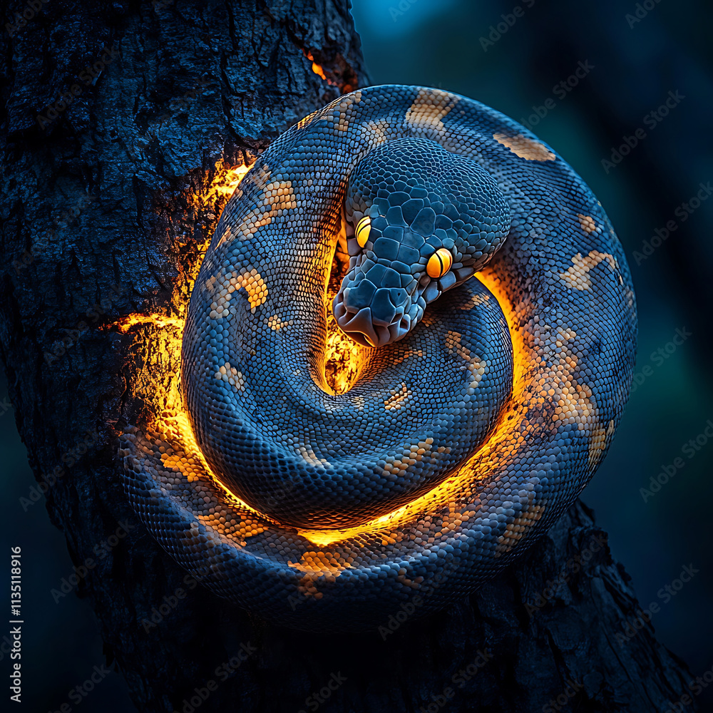 Fototapeta premium Striking Snake Coiled on Tree Trunk at Night