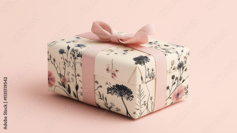 A ribbon-tied gift box with minimalistic floral decor, placed against a pale pink background A ribbon-tied gift box with minimalistic floral decor, placed against a pale pink background