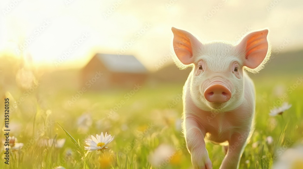 Playful Piglet Frolics Through Wildflowers in a Sunlit Meadow Near a Rustic Barn Playful Piglet Frolics Through Wildflowers in a Sunlit Meadow Near a Rustic Barn