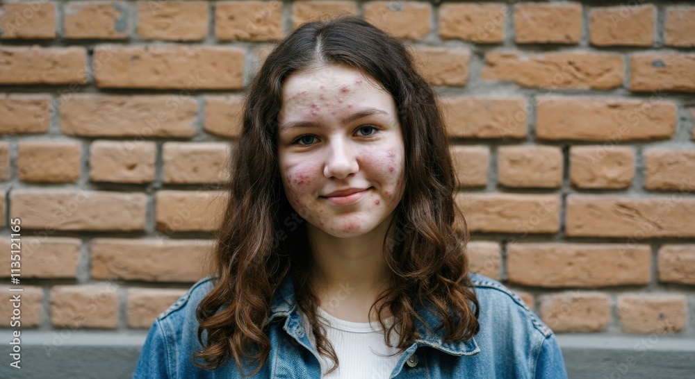 Confident teen female with acne posing against brick wall background Confident teen female with acne posing against brick wall background