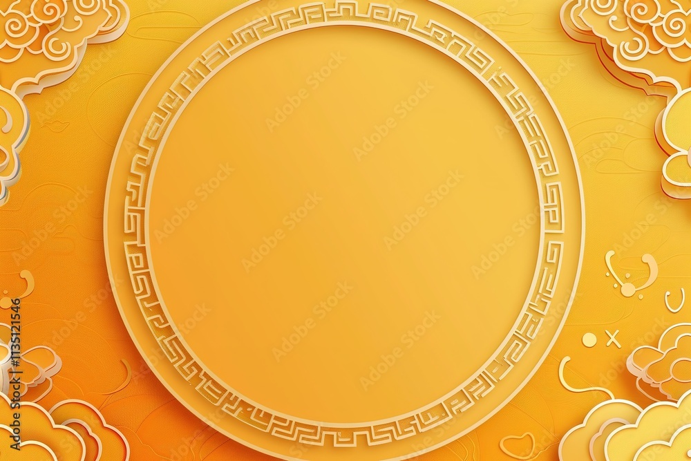 Yellow circle with a gold border and clouds in the background Yellow circle with a gold border and clouds in the background