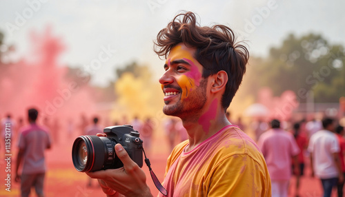 Celebrating color and joy during a vibrant festival with laughter and creativity in an outdoor gathering