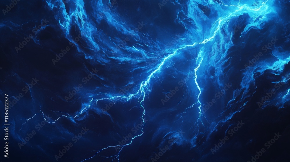 A vibrant blue lightning bolt flashes across a dramatic dark sky filled with storm clouds. The electric energy creates a powerful and intense visual of nature's raw power, with vivid blue and black A vibrant blue lightning bolt flashes across a dramatic dark sky filled with storm clouds. The electric energy creates a powerful and intense visual of nature's raw power, with vivid blue and black