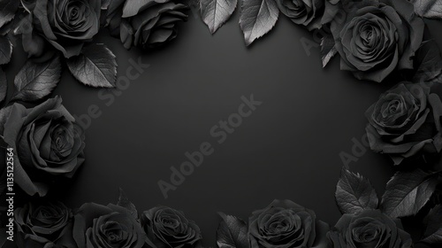 Fototapeta Naklejka Na Ścianę i Meble -  Black roses arranged in a frame on a black background with copy space in the center.
