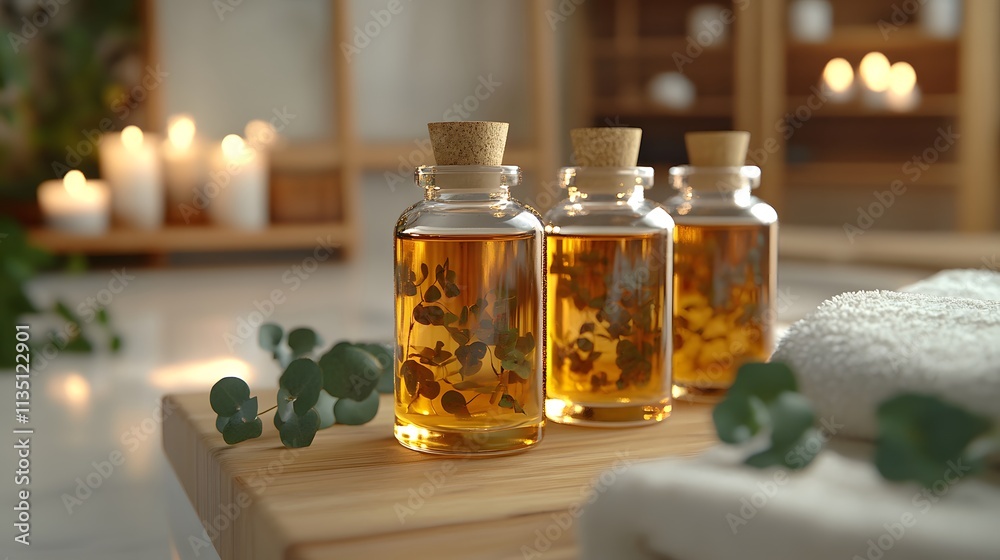 Essential oils for skin are beautifully displayed in elegant glass bottles, surrounded by lush greenery and soft candlelight, evoking a serene spa atmosphere.