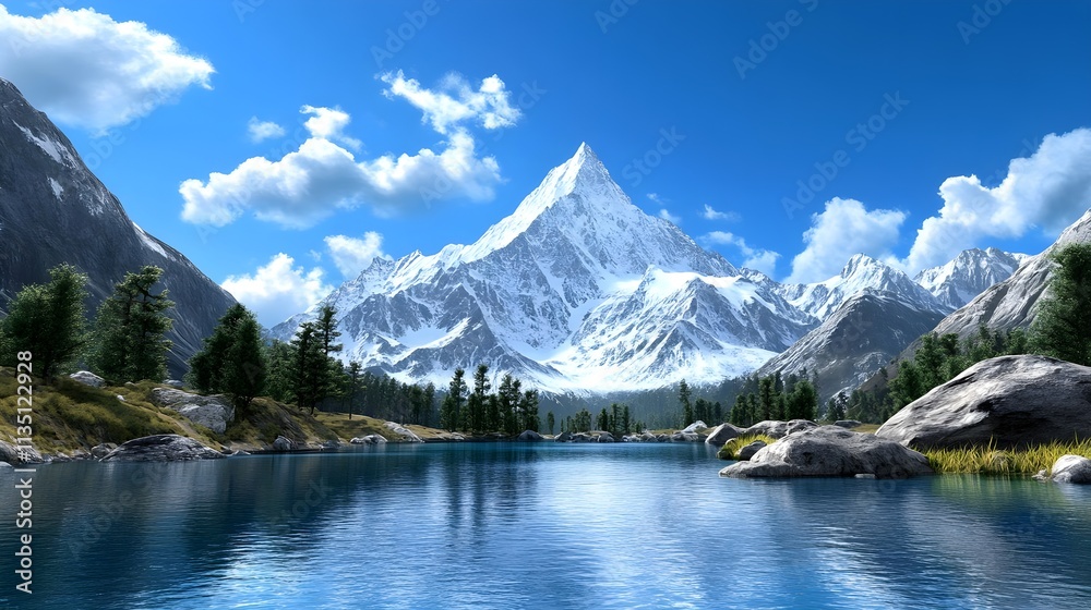 Majestic Snow-Capped Mountain Reflected in Serene Lake Surrounded by Lush Forest and Clear Blue Sky, a Perfect Scene of Natural Beauty and Tranquility