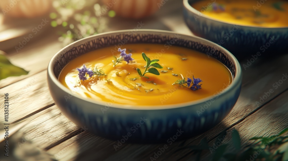 Bowl of butternut squash soup with herbs, realistic, HD. Bowl of butternut squash soup with herbs, realistic, HD.