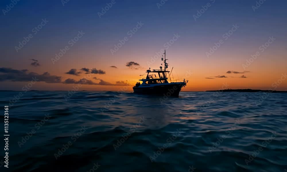 Shot from the sea water of a boat with the sunset coming to an end Shot from the sea water of a boat with the sunset coming to an end