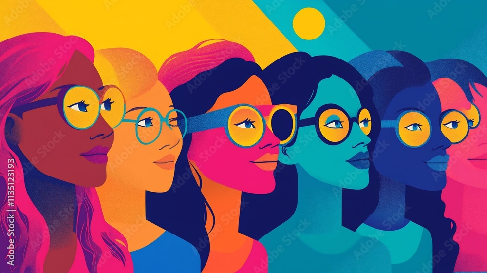 Fototapeta premium Diverse women in profile, wearing glasses, vibrant colors.