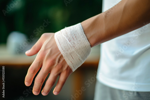 Medical bandage applied to wrist due to tendonitis, bursitis, or injury treatment. photo