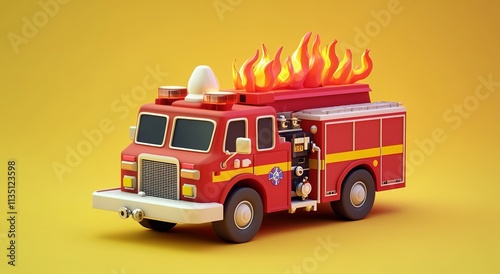 3D cartoon, a cute fire truck with water and flames on the roof photo