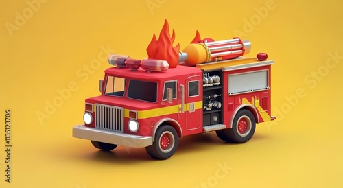 3D cartoon, a cute fire truck with water and flames on the roof photo