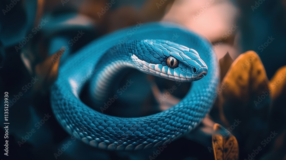Fototapeta premium Stunning Blue Snake Coiled Among Vibrant Green Leaves in Nature