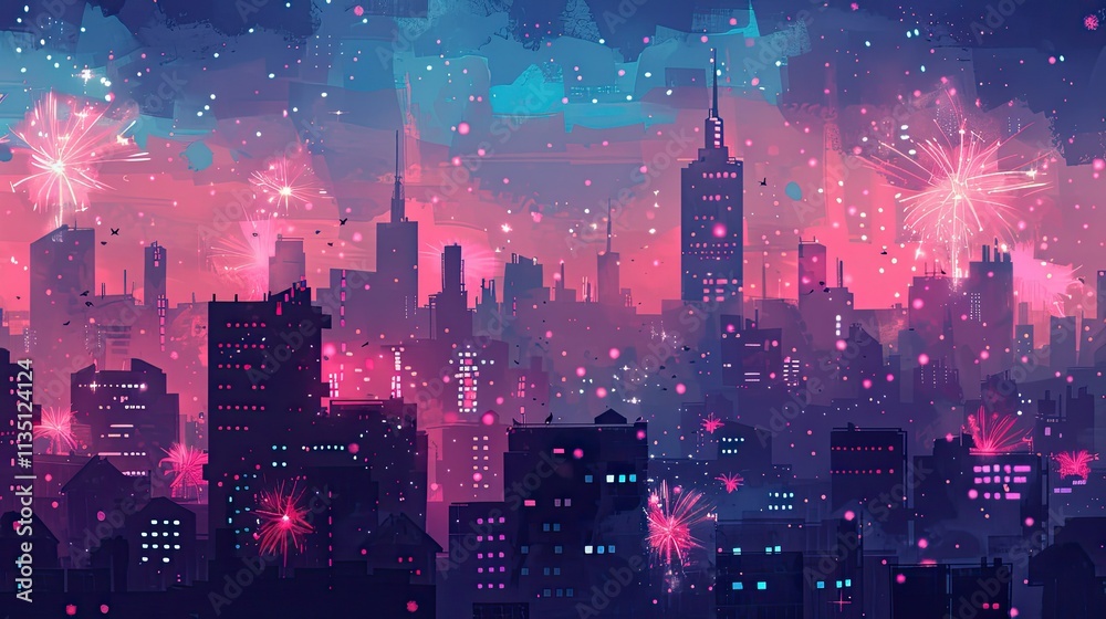 City Skyline with Fireworks Display at Night in a Vibrant and Dreamy Atmosphere Depicting Urban Celebration and Festivity City Skyline with Fireworks Display at Night in a Vibrant and Dreamy Atmosphere Depicting Urban Celebration and Festivity